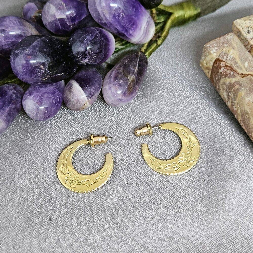 Small Hoops, Vintage Gold Plated Posts w/ stamped Floral Print on one side- 7/8"